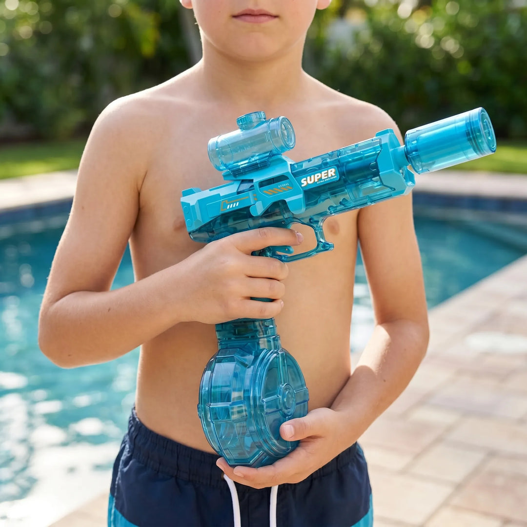 Kids' electric water gun, automatic water blaster with bright LED lights for summer outdoor play fun.