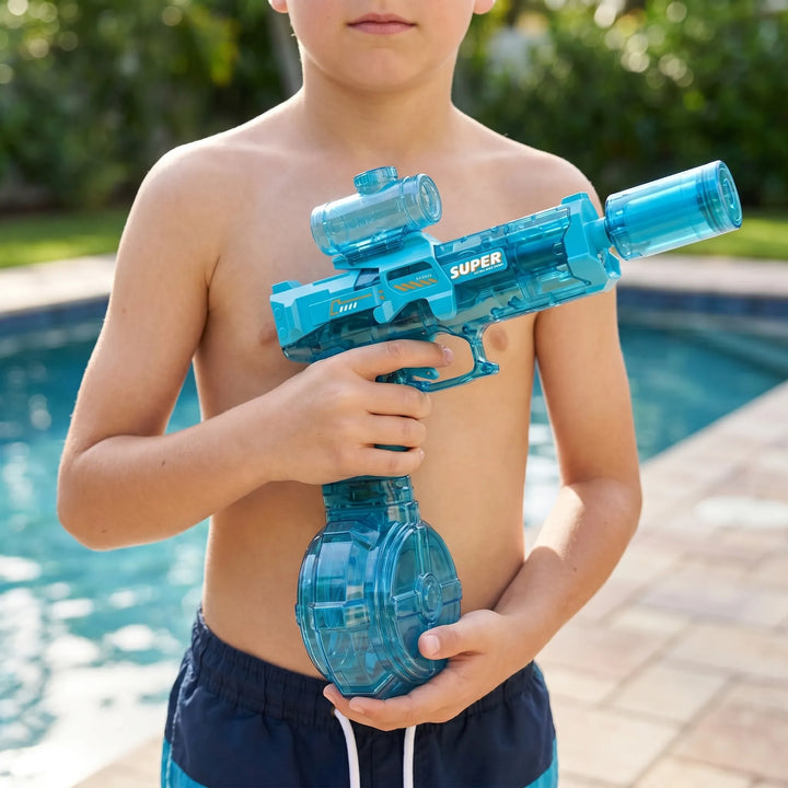 Kids' electric water gun, automatic water blaster with bright LED lights for summer outdoor play fun.