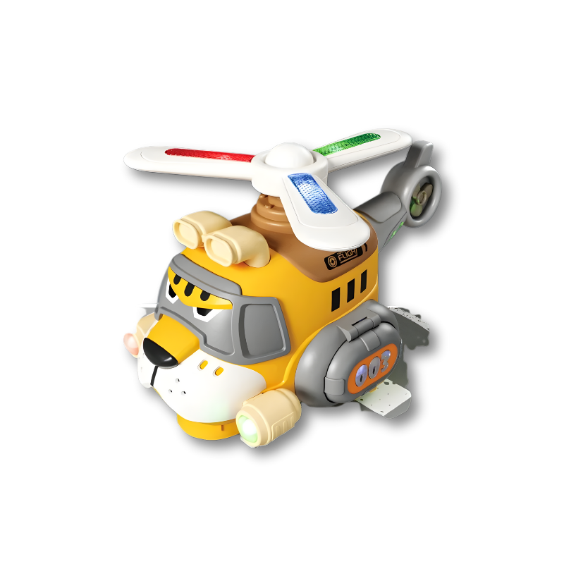 Close-up of Electric WhirlWing Toy Plane with intricate details, lights, and spinning propeller