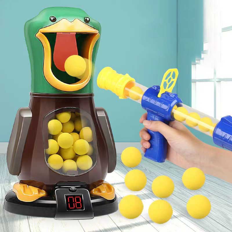 Toddler playing electronic duck shooting game with safe popper blaster, ideal indoor family fun toy