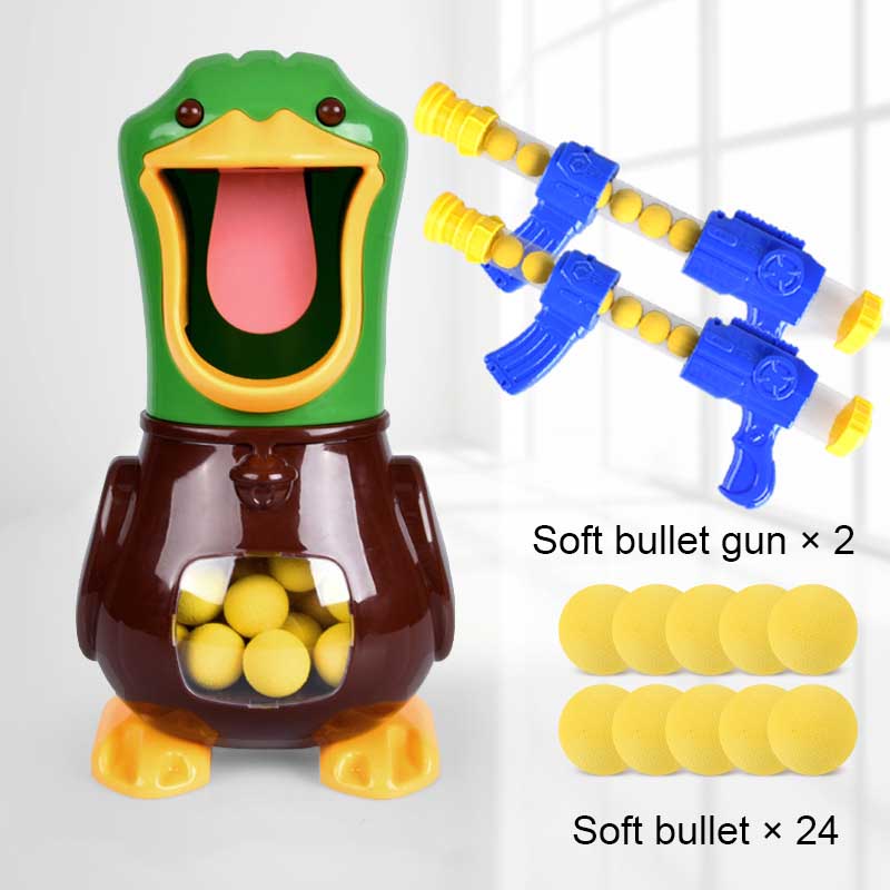 Portable electronic duck shooting game with popper blaster, providing engaging indoor fun for children