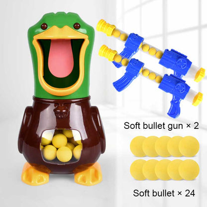 Portable electronic duck shooting game with popper blaster, providing engaging indoor fun for children