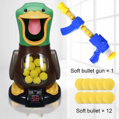 Kids' shooting game featuring an electronic duck target and a safe, easy-to-use popper blaster toy