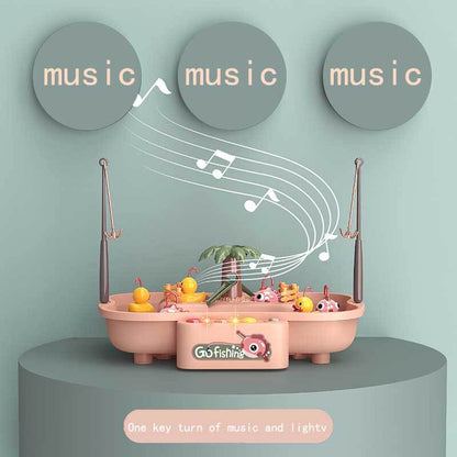 Top view of a kids electronic fishing game with multiple fishing rods & musical background