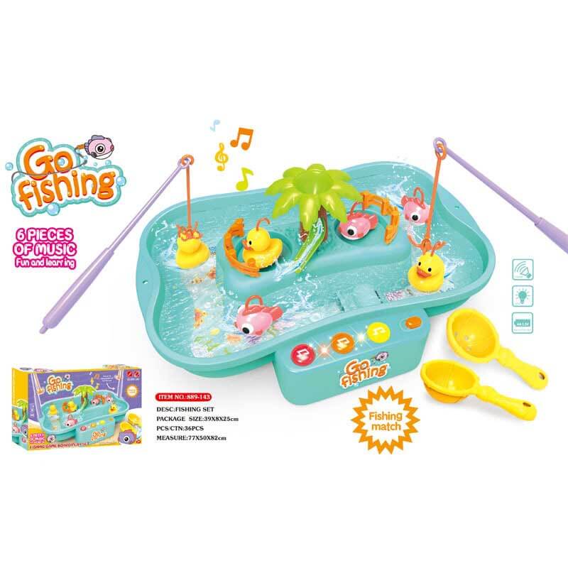 Kids playing together with a large electronic fishing game toy, enhancing sensory & motor skills