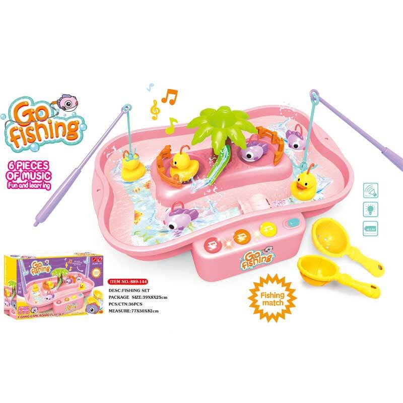 Electronic fishing game with a vibrant blue slideway, musical tunes, and adorable fish for kids