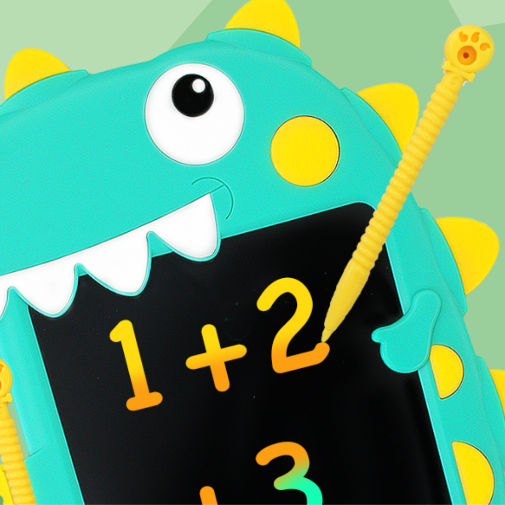 Child sketching on a vibrant blue electronic drawing tablet, educational kids toy