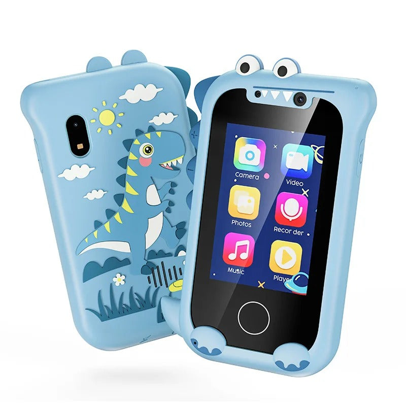 Child holding educational toy smartphone with fake camera, promoting learning & imaginative play.