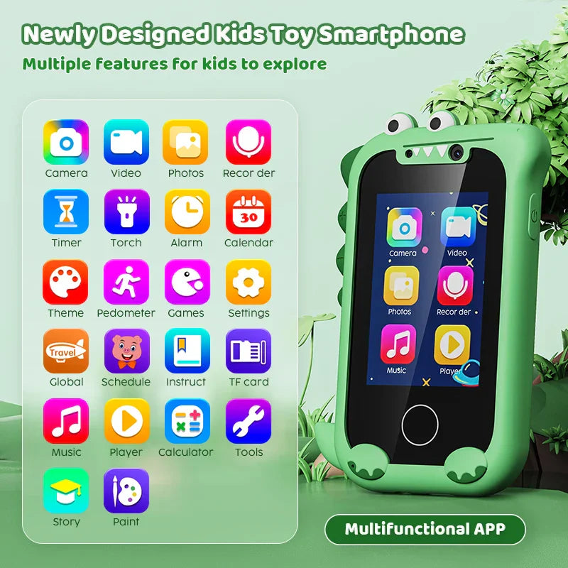 Colorful children's toy phone featuring a pretend camera, music, and interactive learning games.