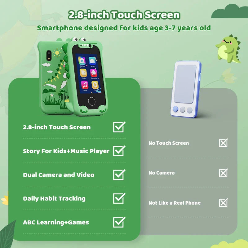 Pretend electronic learning toy phone with camera for kids, designed for safe and fun educational play.