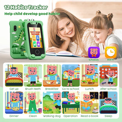 Digital rendering of a kids' educational toy phone with camera, touch screen buttons, and music functions.