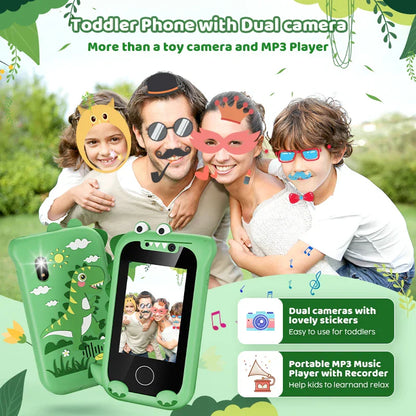 Close-up of a kids electronic learning toy phone, highlighting its camera lens and colorful interface.