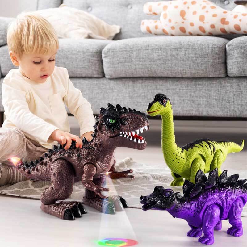 Child playing with electric walking dinosaur toy, glowing eyes & sound effects, educational