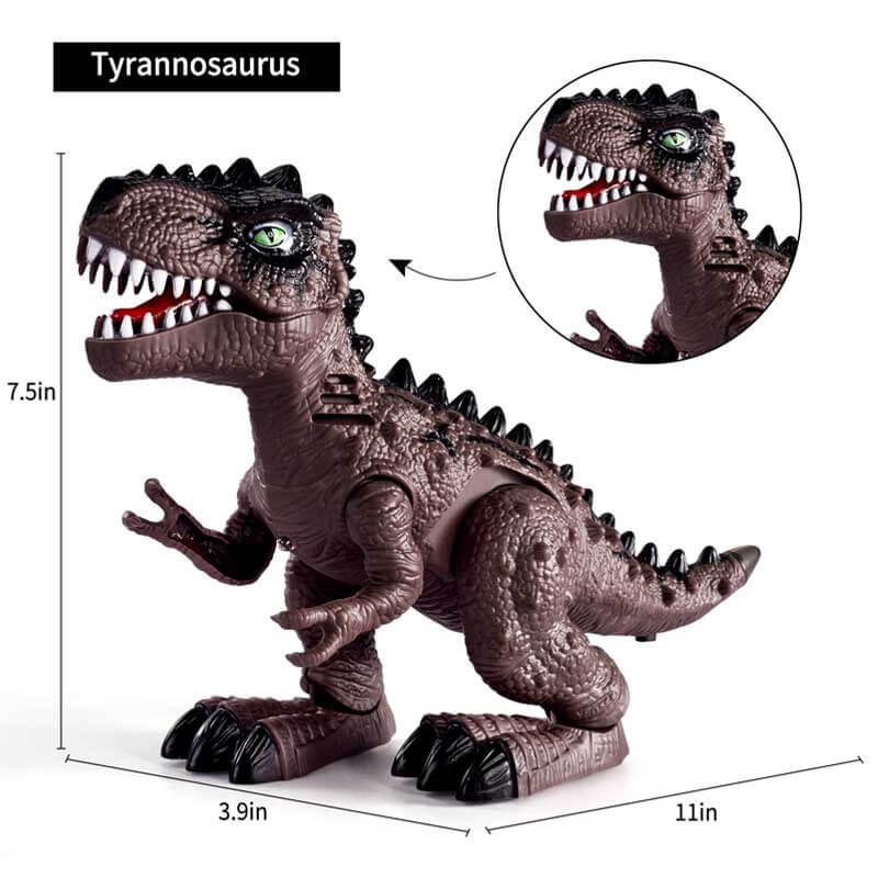 Close-up of kids' battery-operated walking dinosaur toy featuring detailed scales & sound