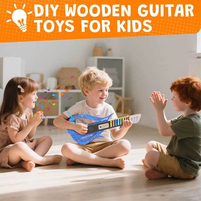 Unassembled wooden parts of a Kids Electronic DIY Play Guitar Kit, promoting STEM learning