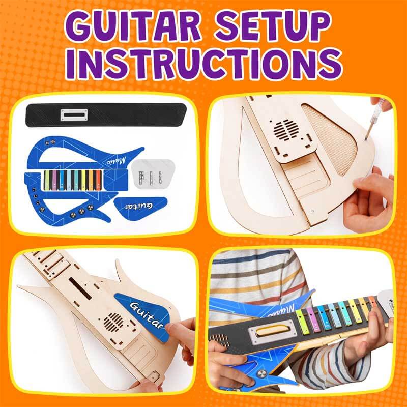 Child's hands assembling the Kids Electronic Wooden DIY Play Guitar Kit, interactive activity toy