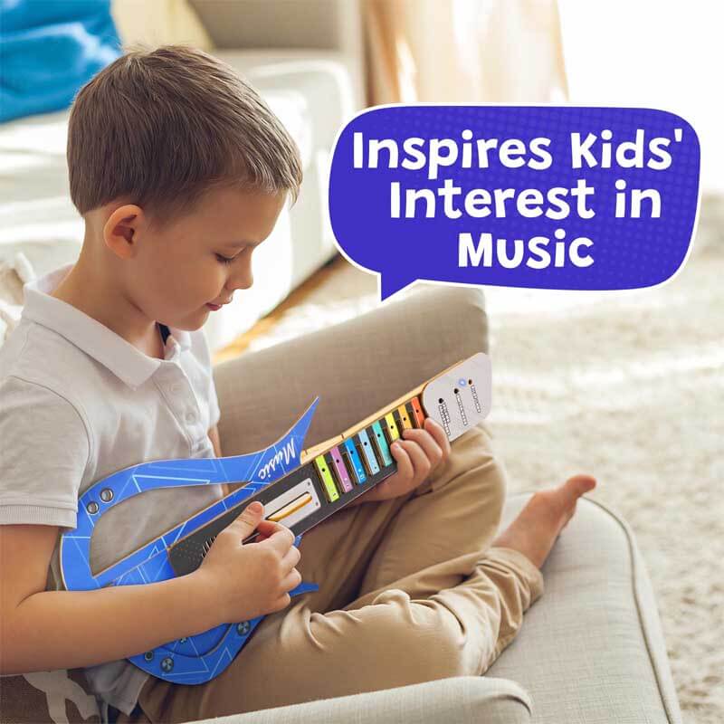 Happy child playing the assembled Kids Electronic Wooden DIY Guitar Kit, a engaging play instrument
