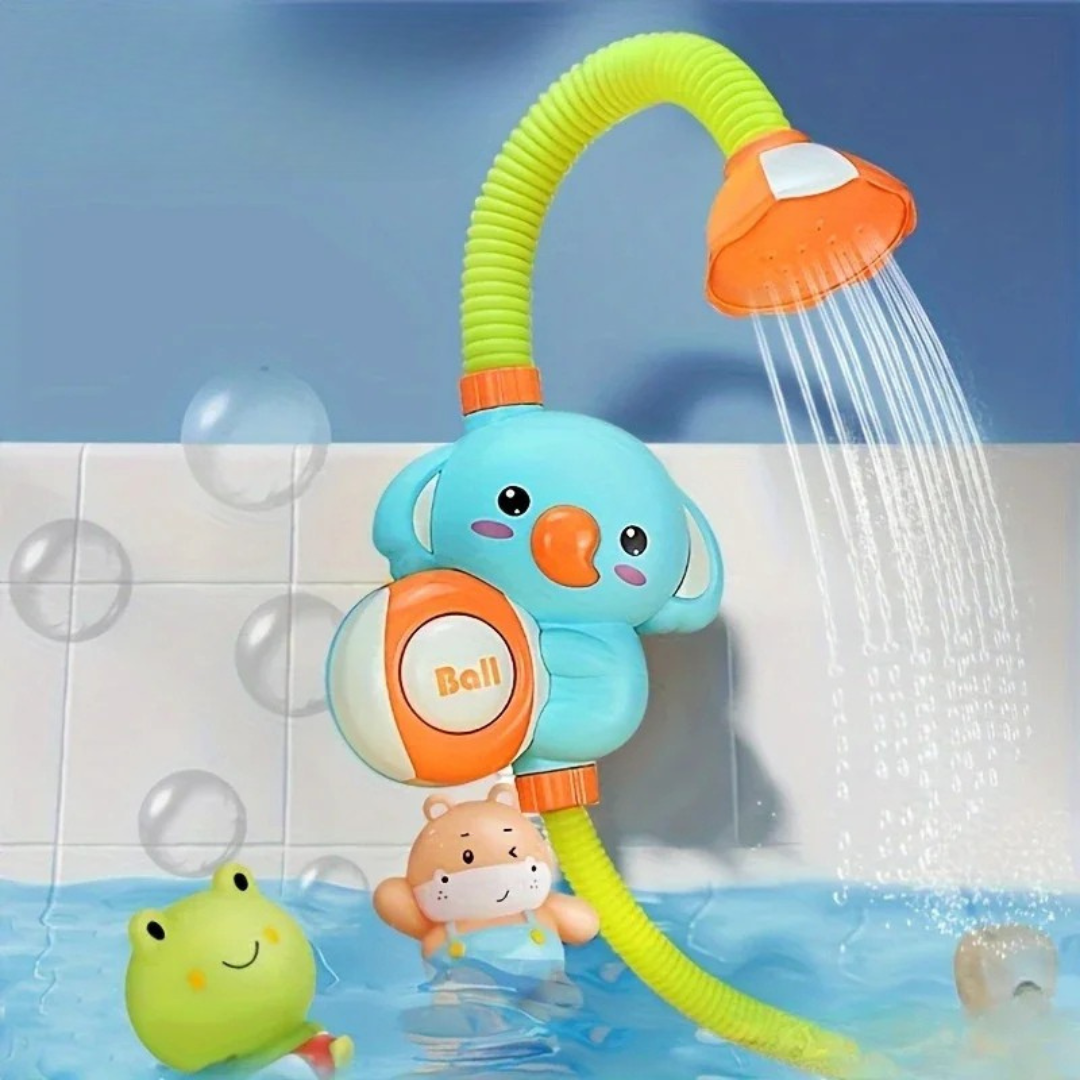 Kids' elephant bath shower head, grey plastic, for fun water play & toddler bath time toy