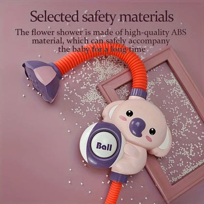 Child's hand holding a fun elephant bath shower head, ideal for imaginative water play