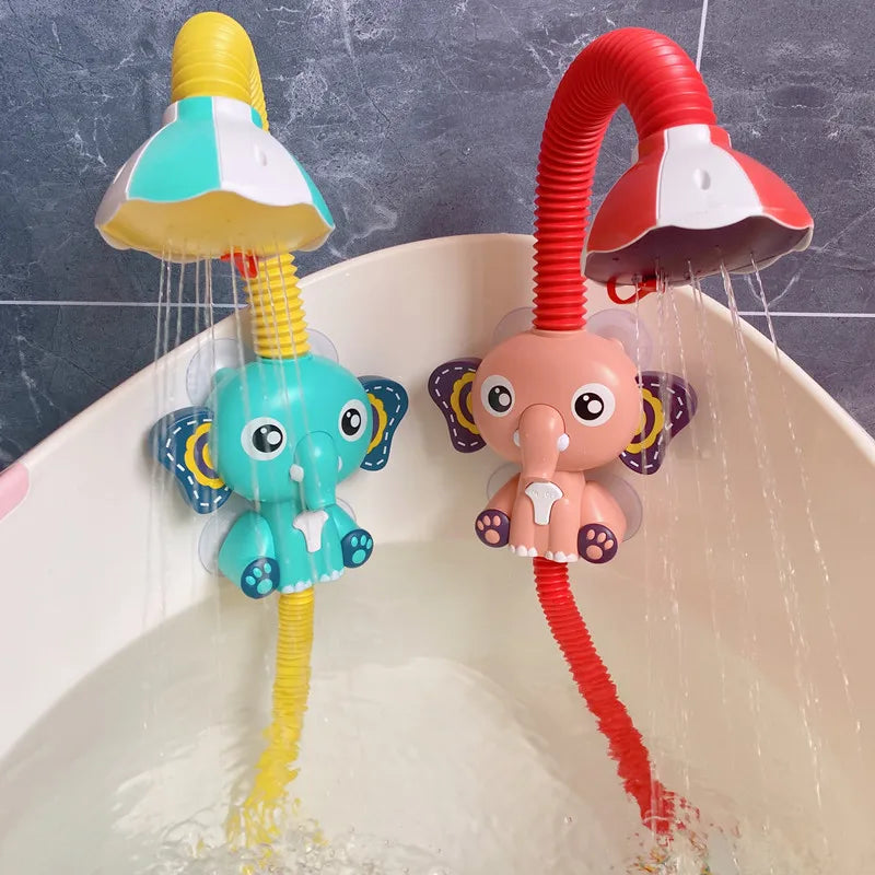 Side view of elephant bathtub shower toy, showing the flexible trunk spraying water, toddlerfun