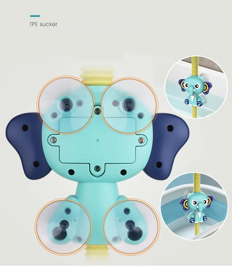 Elephant shower toy attached to bathtub, ready for kids to enjoy a fun waterspray experience