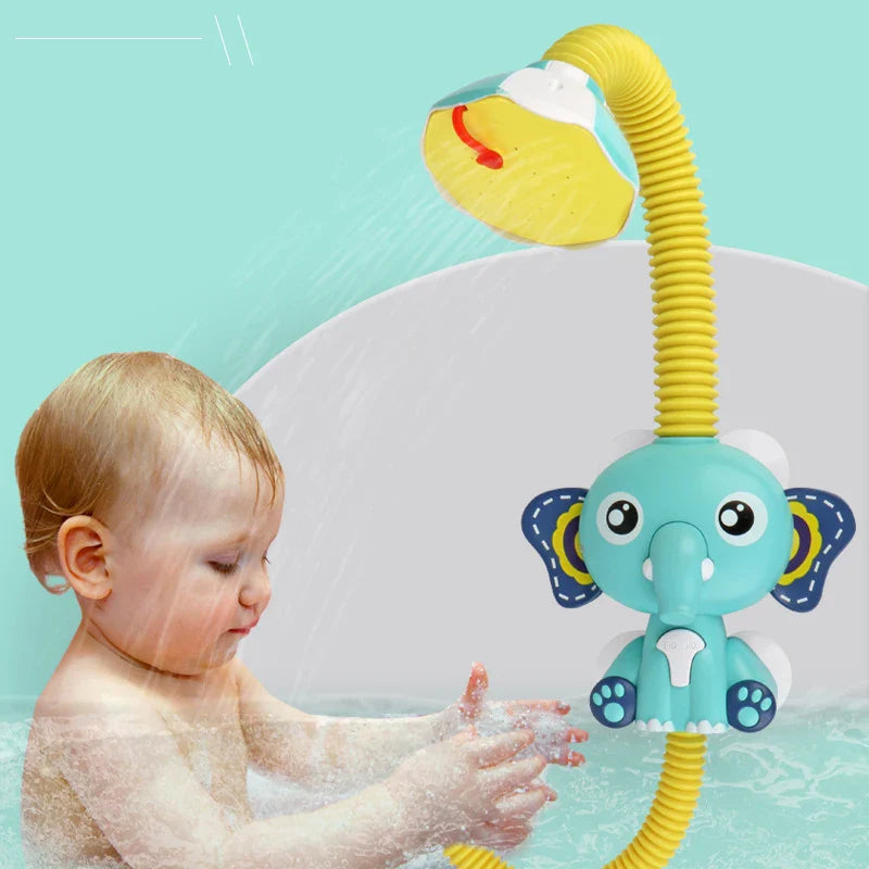 Close-up of elephant faucet shower toy spraying water, engaging kids bath sensory play