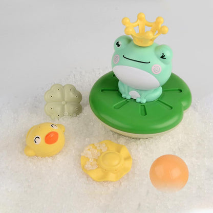 Happy child playing with the green Frog Fountain Bath Toy, a fun and interactive bath toy for kids.