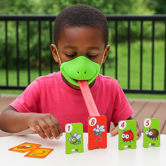 Kids & family playing Fun Chameleon Board Game with colorful chameleons on a table