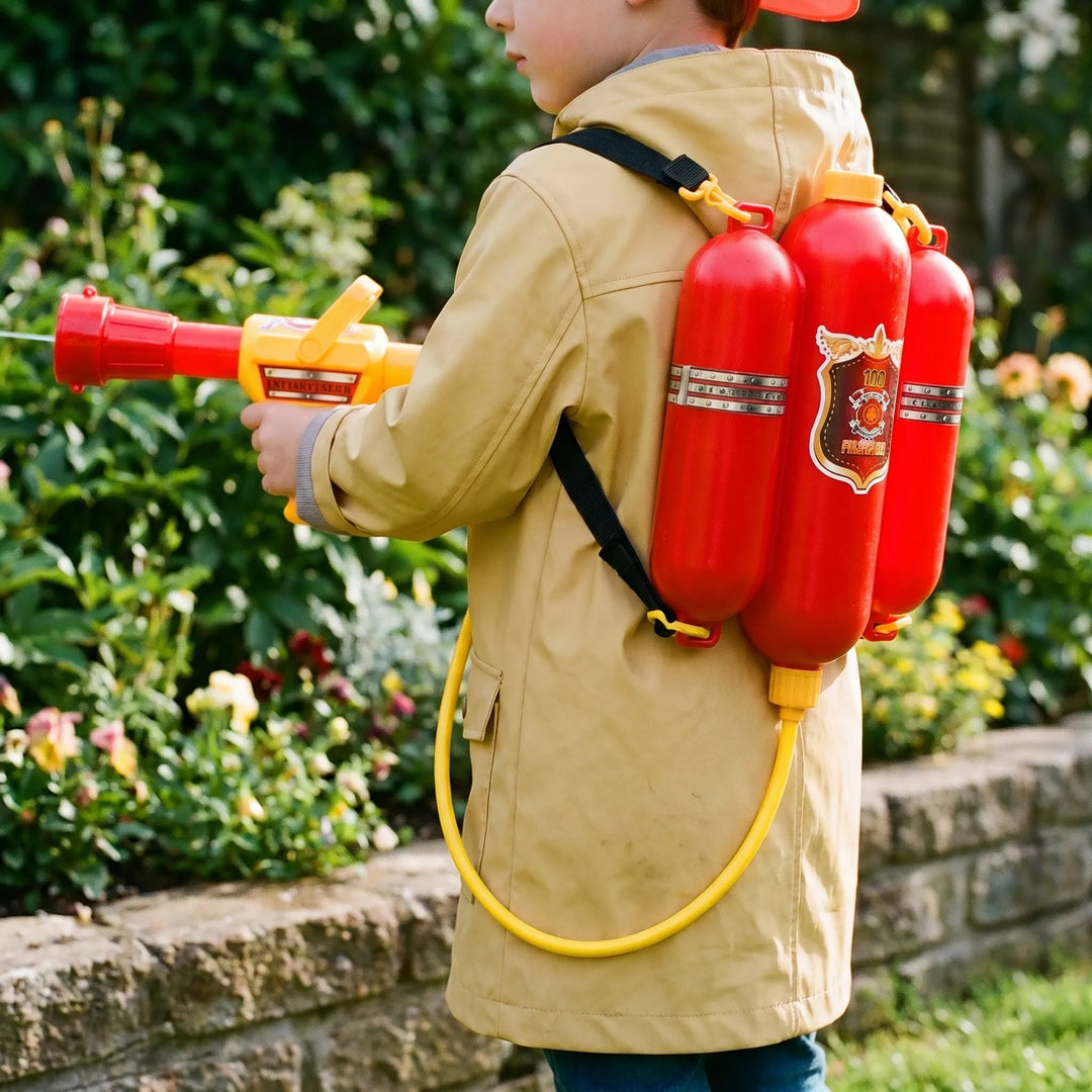 Kids' firefighter backpack water blaster for outdoor summer fun. Perfect water gun for imaginative splash play.