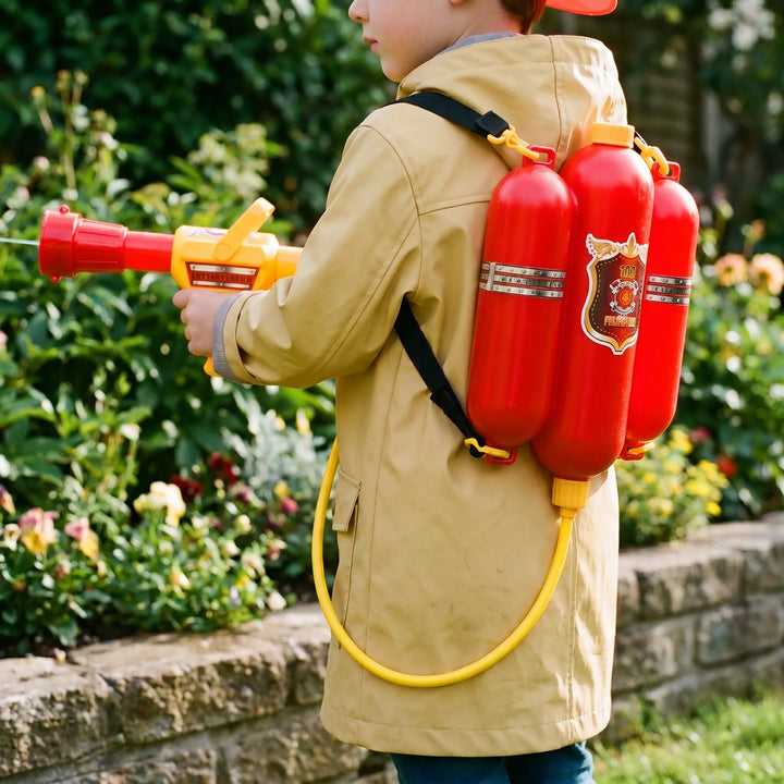 Kids' firefighter backpack water blaster for outdoor summer fun. Perfect water gun for imaginative splash play.