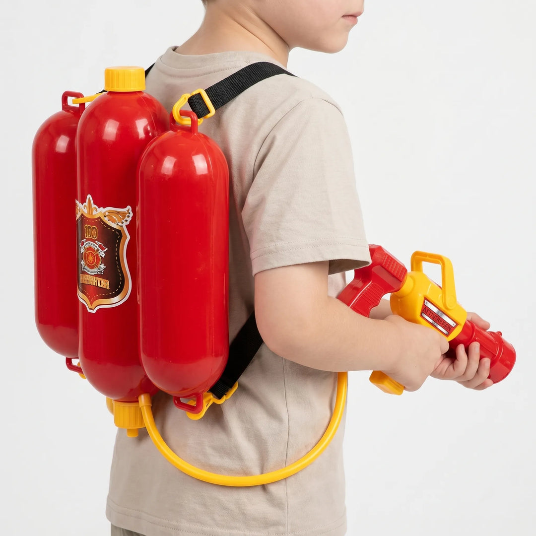 Durable children's firefighter backpack water toy. Great for active outdoor play & summer water battles.