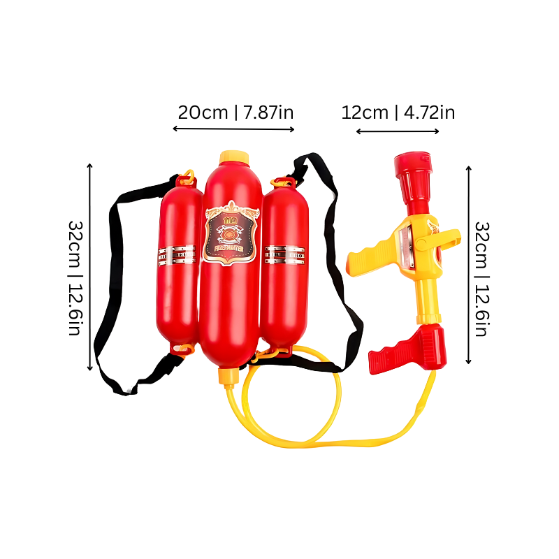 Red firefighter water blaster toy with oversized water tank, perfect for kids' outdoor water play