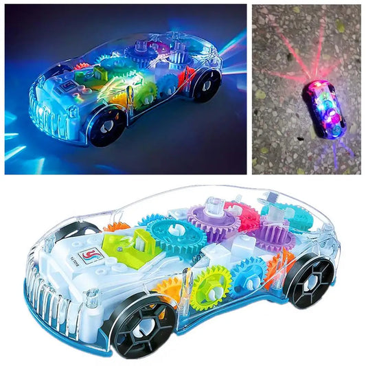 Kids' flashing transparent gear car with visible rotating gears, vibrant lights, and musical features