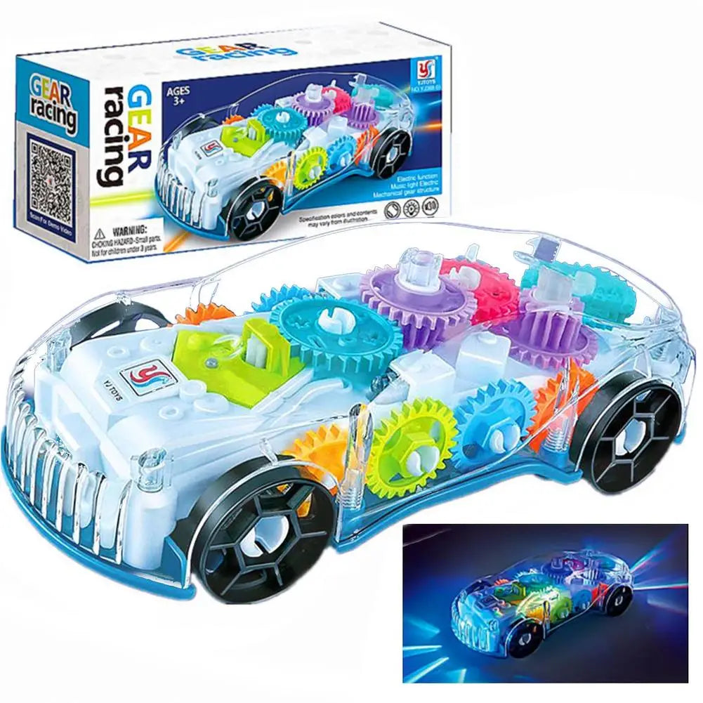 Close-up of a child playing with a luminous transparent toy racing car, showcasing internal gears