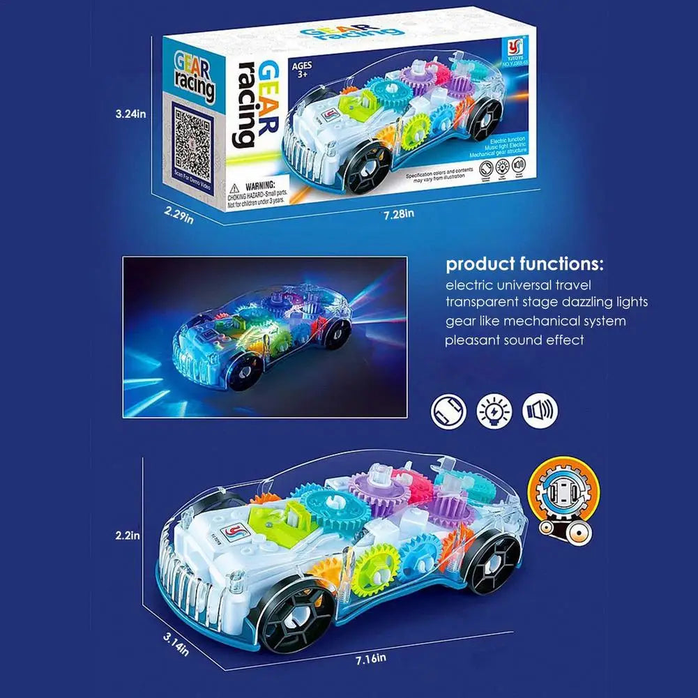 Educational toy car for kids, transparent design revealing colorful flashing gears and integrated music