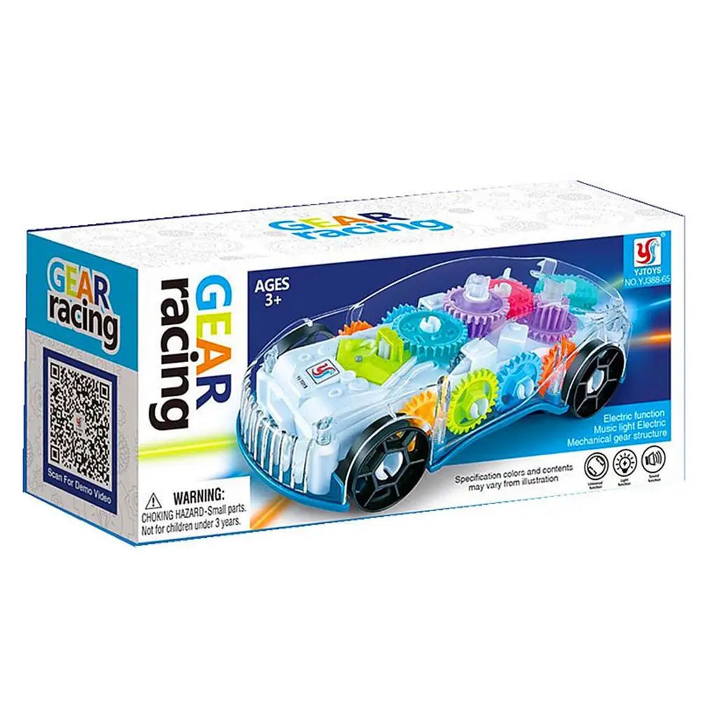 Musical toy car for toddlers, featuring transparent casing, intricate gear mechanisms, and LED lights