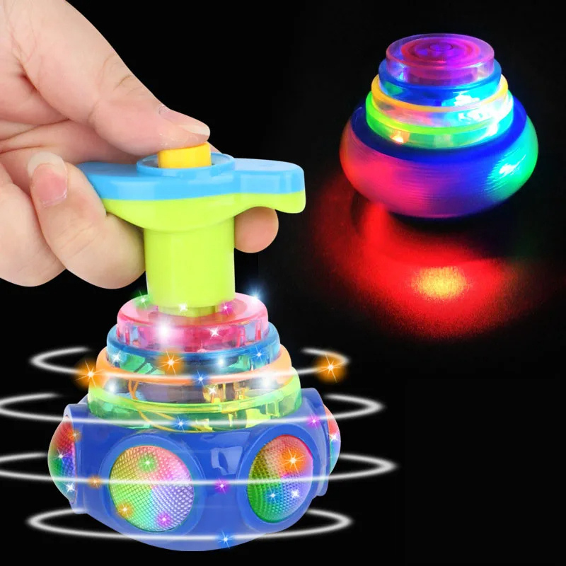 Kids' flashing UFO spinning toy with vibrant lights and playful music, perfect for interactive play.