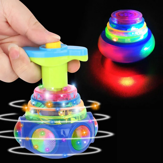 Kids' flashing UFO spinning toy with vibrant lights and playful music, perfect for interactive play.