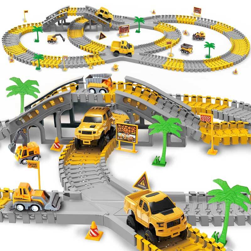 Kids' flexible DIY race track building set with colorful cars on an intricate track layout