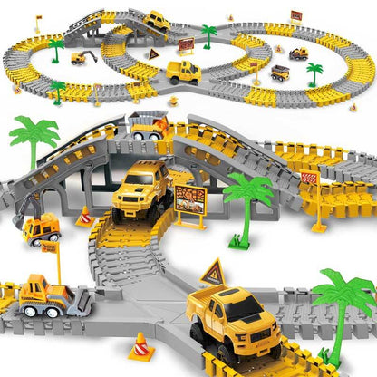 Kids' flexible DIY race track building set with colorful cars on an intricate track layout