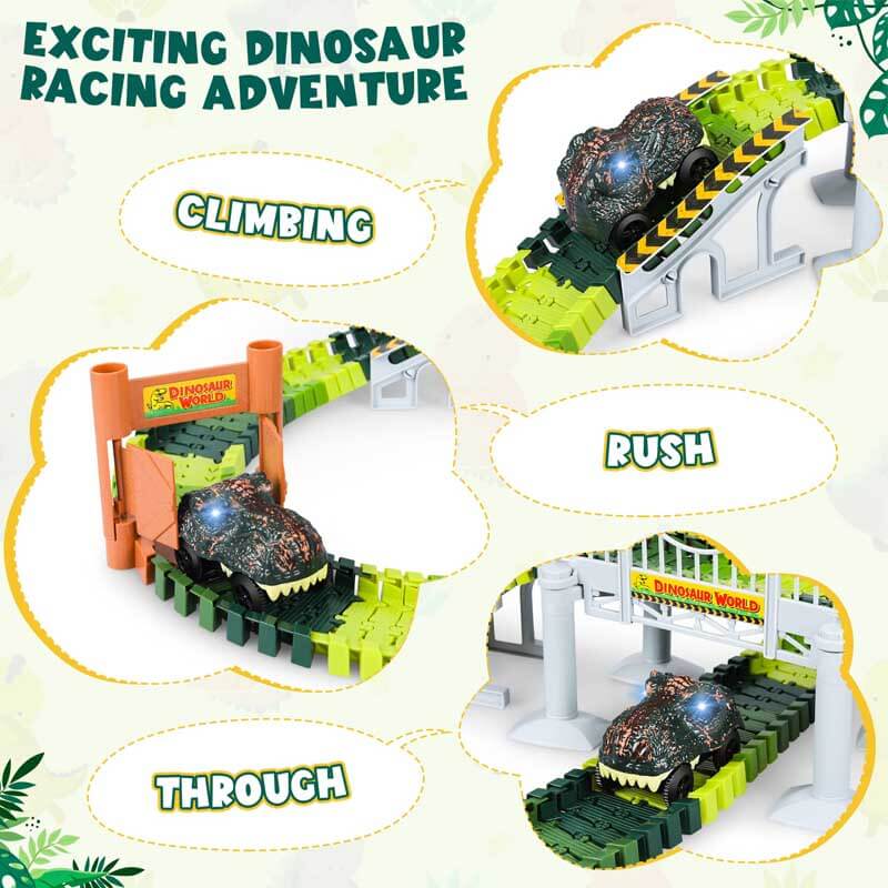 Vibrant flexible track pieces, toy cars, and dinosaur accessories laid out on a floor