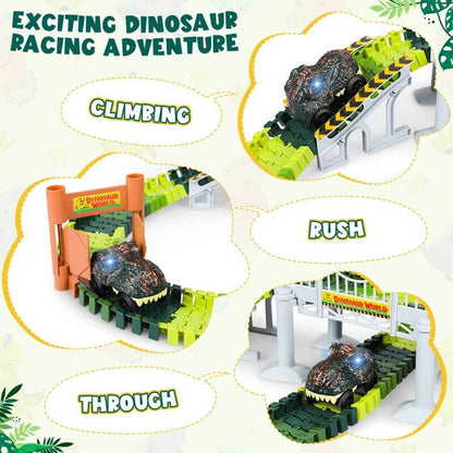 Vibrant flexible track pieces, toy cars, and dinosaur accessories laid out on a floor