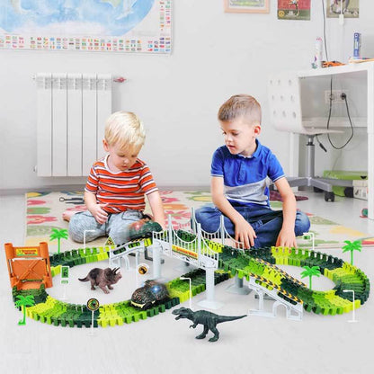 Action shot of toy cars speeding on a flexible dinosaur race track with bridges