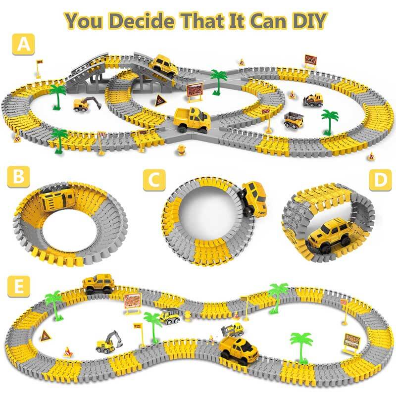 Dinosaur themed flexible race track toy with orange and green track pieces and toy cars