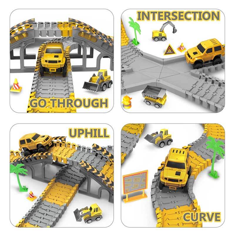 Close-up of a child's hands assembling flexible race track pieces for toy cars