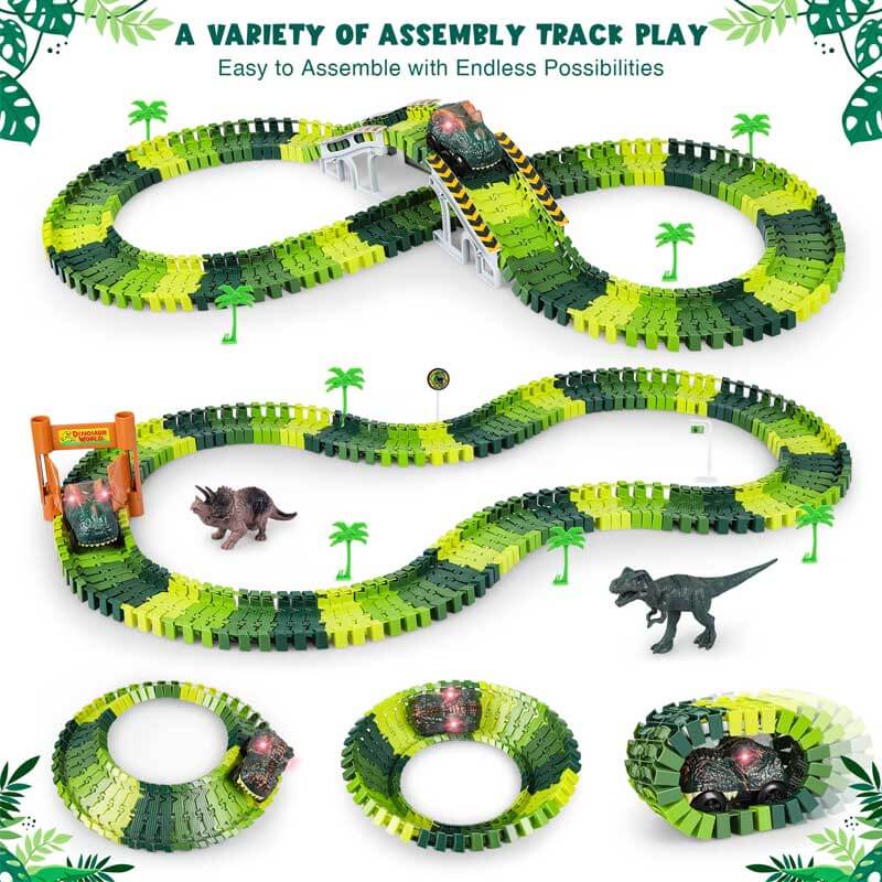 Toy cars racing on a custom-built flexible track with a dinosaur lurking nearby