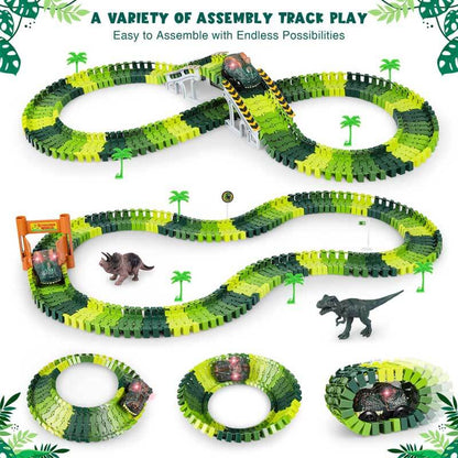 Toy cars racing on a custom-built flexible track with a dinosaur lurking nearby