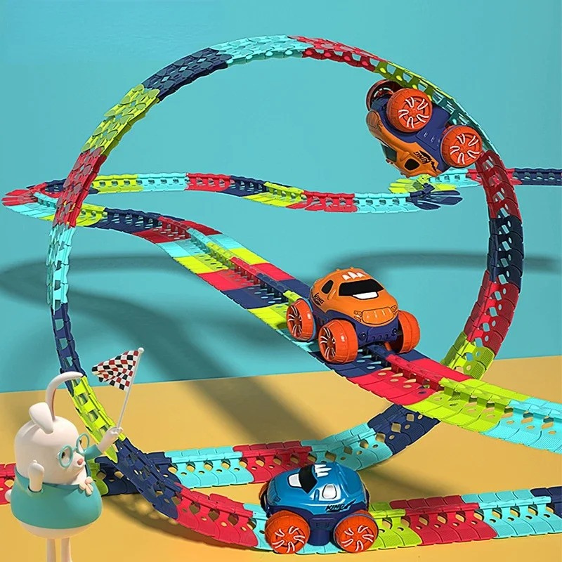 Kids' flexible race track building set with colorful track pieces and toy cars, promoting creative play