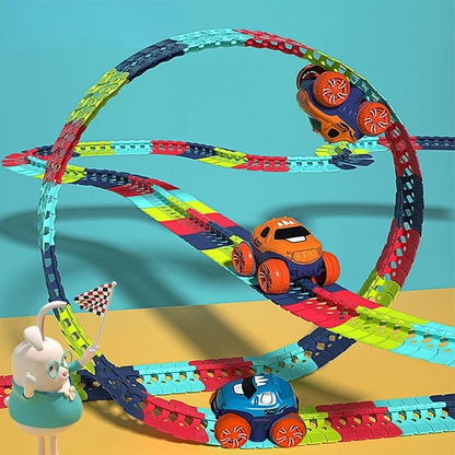 Kids' flexible race track building set with colorful track pieces and toy cars, promoting creative play