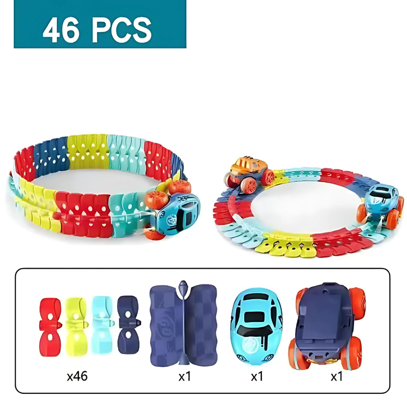 Vibrant race track building set for kids with toy cars, ideal gift for imaginative play